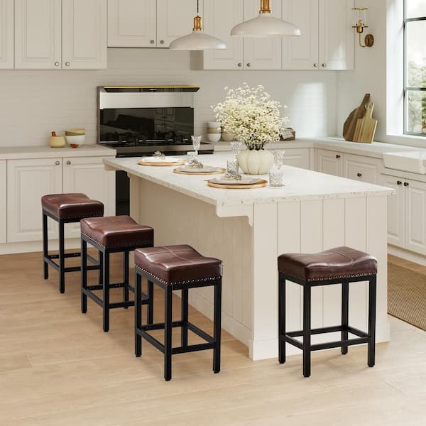 24 in. H Brown Upholated PU Leather Thick Saddle Seat Counter Bar Stools Set of 2, Kitchen Chairs with Metal Base