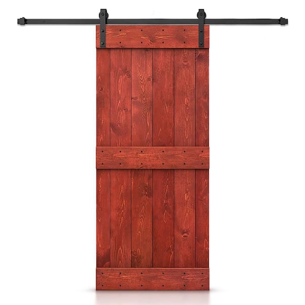 CALHOME 26 in. x 84 in. Mid-Bar Series Cherry Red Stained DIY Wood Interior Sliding Barn Door with Hardware Kit