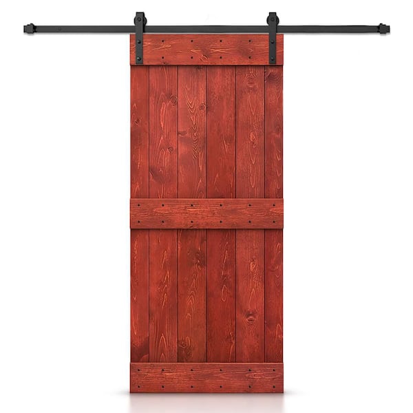 CALHOME Mid-bar Series 30 in. x 84 in. Pre-Assembled Cherry Red Stained Wood Interior Sliding Barn Door with Hardware Kit