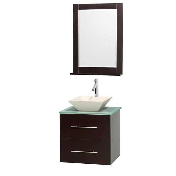 Wyndham Collection Centra 24 in. Vanity in Espresso with Glass Vanity Top in Green, Bone Porcelain Sink and 24 in. Mirror