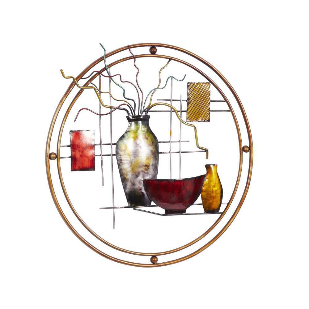 Industrial Multicolor Metal Wall Sculpture with Vase Details