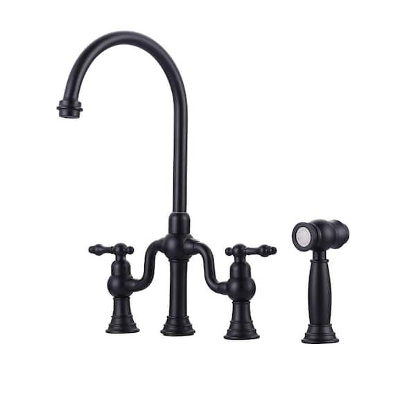 2-Handle Bridge Kitchen Faucet with Side Sprayer in Matte Black