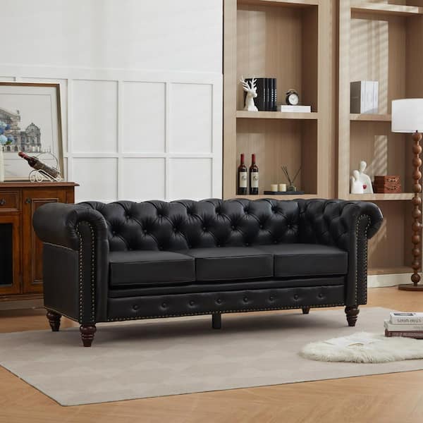84 in. Leather Chesterfield Sofas 3-Seater Round Arm Sofa Button Rectangle Nailhead Tufted Couch for Living Room,Black
