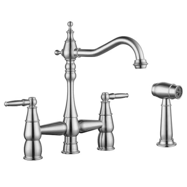 Deck Mounted 4-Hole Double Handle Bridge Kitchen Faucet Solid Brass with Side Sprayer in Brushed Nickel