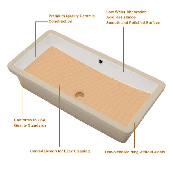 stufurhome - 28 in. Ceramic Undermount Rectangular Bathroom Sink with Overflow in White