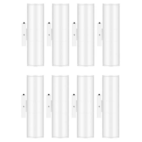 11.5 in. White Aluminum Modern Dusk to Dawn Outdoor Cylinder LED Wall Lantern Scone (Set of 8)