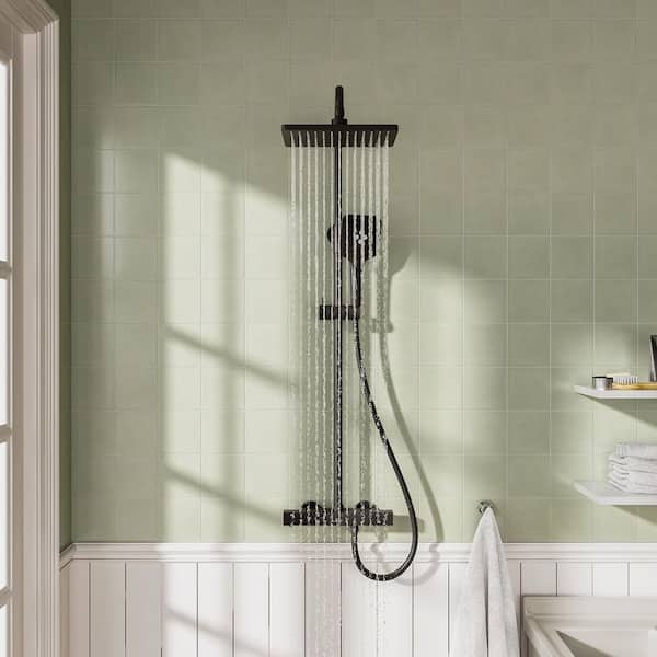 3-Spray Patterns 11.4 in. x 7.5 in. Thermostatic Rain Shower Faucet Wall Mount Dual Shower Heads in Matte Black