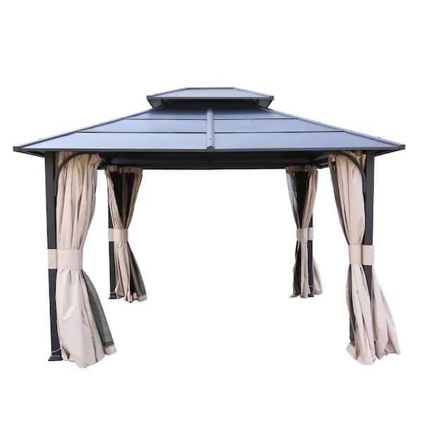 LAUREL CANYON 12 ft. x 10 ft. Dark Grey 2-Tier Double Roof Metal Hard Top Gazebo with Curtains and Netting