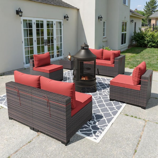 8-Piece Wicker Patio Conversation Set with a Wood Stove, Coffee Table and Red Cushions, Suitable for Outdoor, Lawn