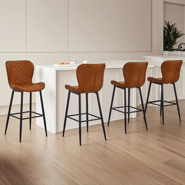 29.5 in. Faux Leather Bar Stools Set of 6, Brown Bar Height Chairs with Backrest and Metal Legs for Kitchen Island