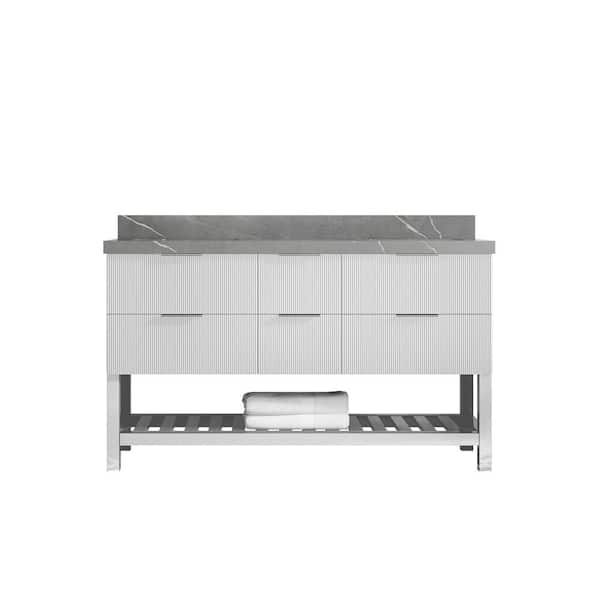 Willow Collections Catalina 60 in. Double Sink Freestanding Fine Grain Bath Vanity with Piatra Gray Qt. Top Unassembled