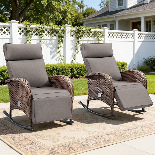 AFFort Wicker Patio Pneumatic Pump Gravity Adjustment Outdoor Rocking Chair with Gray Cushions (2-Pack)