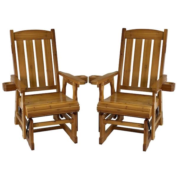 2-Piece Solid Fir Wood Outdoor Glider with Cup Holders, High Back and Deep Contoured Seat, Heavy Duty 600 lbs, Teak Tone