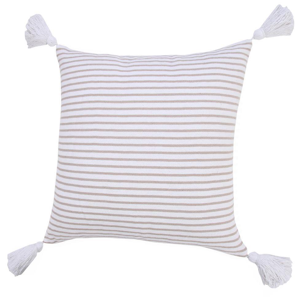 Beige and White Striped Cotton Throw Pillow with Tassels