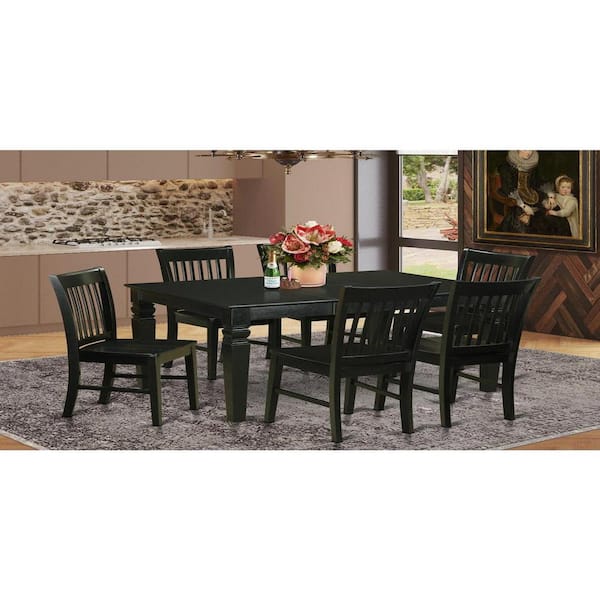 East West Furniture 7-Piece Rectangle Black Finish Solid Wood Top Dining Table with 6 Chairs with Lattice Back