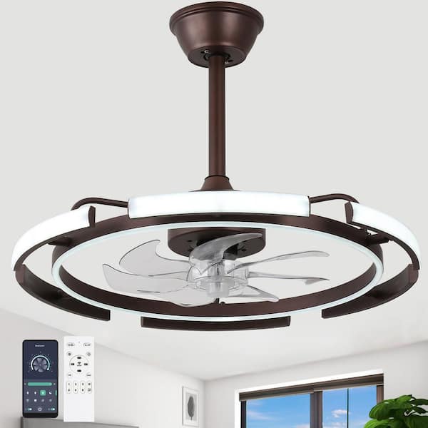 Oaks Aura Meyer 24 in. Indoor Brown 6 DIY Shapes Smart Ceiling Fan with Remote Futuristic UFO Design 6-Speed LED Fan lights