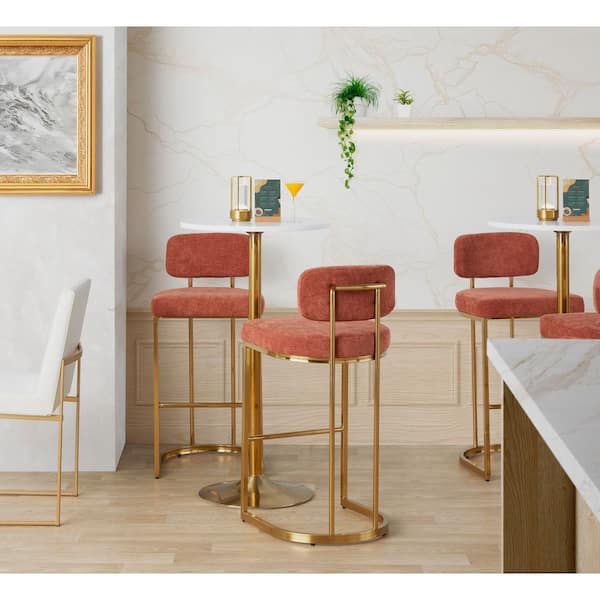 Demi Mid-Back 38 in. H Orange Fabric & Gold Metal Fixed-Height Bar Stool (Set of 2)
