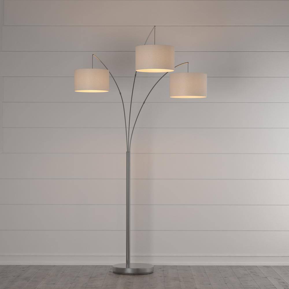 Trinity Brushed Steel 74'' Adjustable Arc Floor Lamp with White Shades