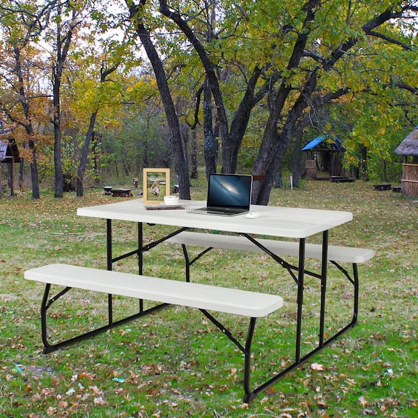 White Metal Indoor & Outdoor Folding Picnic Table with Bench Seat Heavy-Duty Portable Camping Table Set