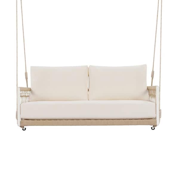 Unbranded 2-Person Wicker Braided Rope Outdoor Swing Sofa with Upholstered Seat for Patio, Yard and Balcony with Beige Cushions
