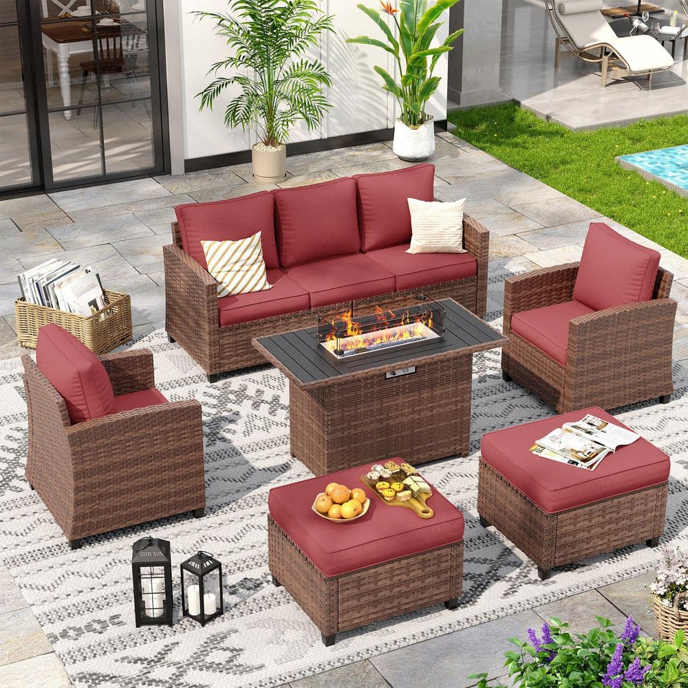 Brown Wicker 5-Person 6-Pieces Patio Conversation Set with Red Cushions and Brown Fire Pit Table price history on PriceWatchPro