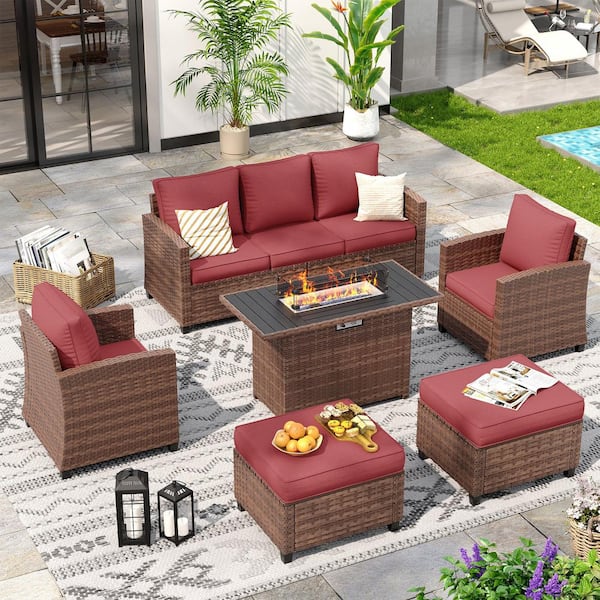 Brown Wicker 5-Person 6-Pieces Patio Conversation Set with Red Cushions and Brown Fire Pit Table