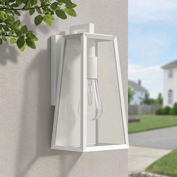 Montpelier 1-Light White Hardwired 14 in. H Outdoor Sconce Dusk to Dawn Outdoor Wall Lantern Sconce