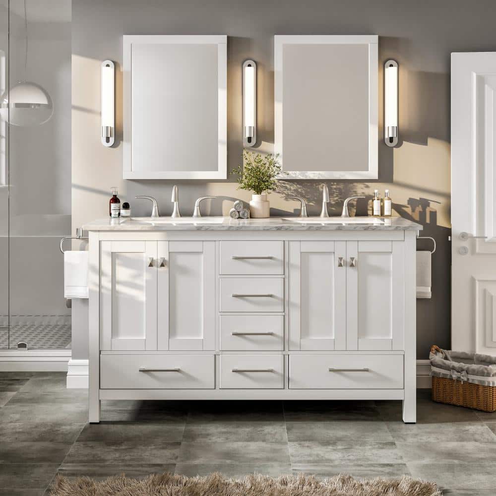 Aberdeen White Double Sink Bathroom Vanity with Carrara Quartz Top