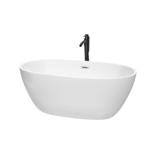 Wyndham Collection Juno 59 in. Acrylic Flatbottom Bathtub in White with Polished Chrome Trim and Matte Black Faucet
