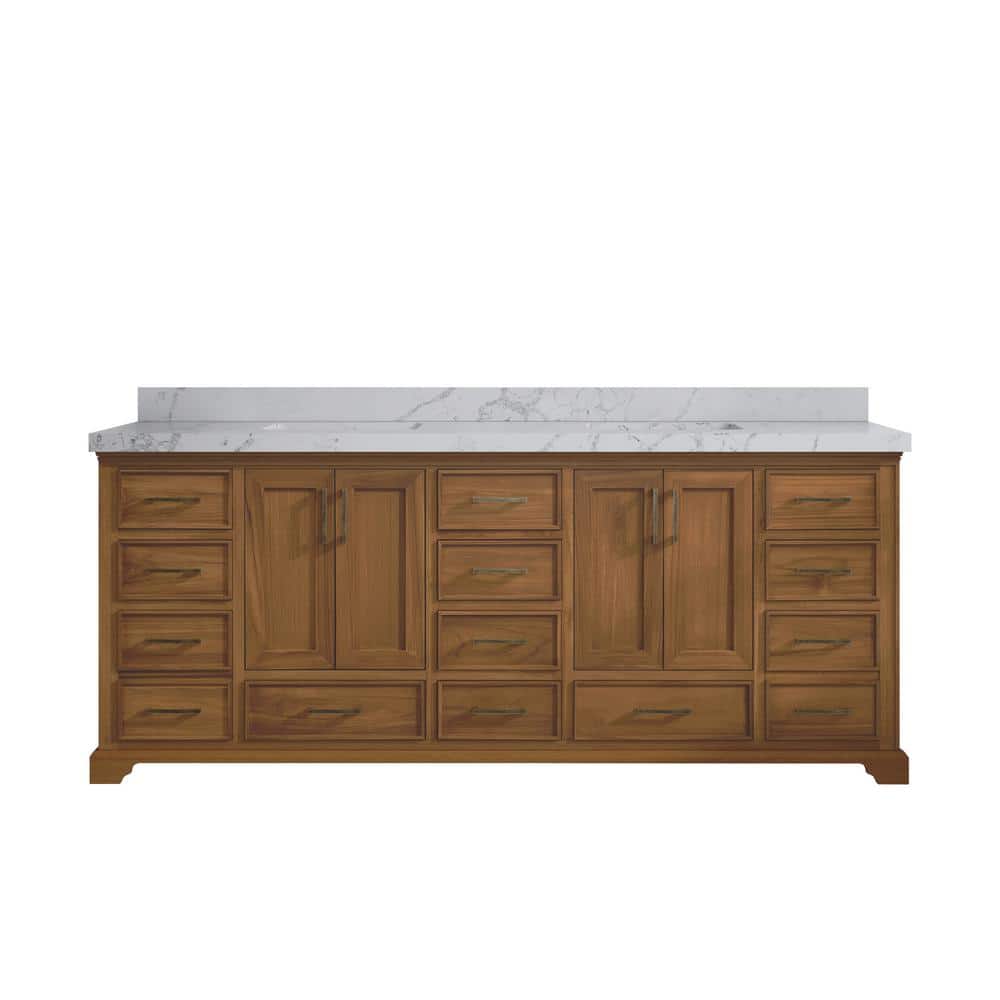 Charlotte Teak 84 in. W x 22 in. D x 36 in. H Double Sink Bath Vanity in Dark Natural with 2 in. Piatra Qt. Top price history on PriceWatchPro