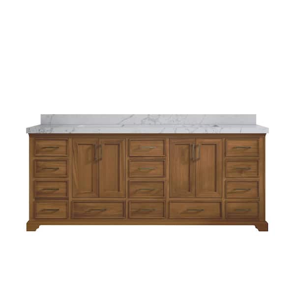 Willow Collections Charlotte Teak 84 in. W x 22 in. D x 36 in. H Double Sink Bath Vanity in Dark Natural with 2 in. Piatra Qt. Top