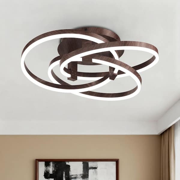 Carson 23.23 in. 3-Light Matte Walnut Metal Modern Wagon Wheel Integrated LED Semi Flush Mount For Lving Room Bedroom