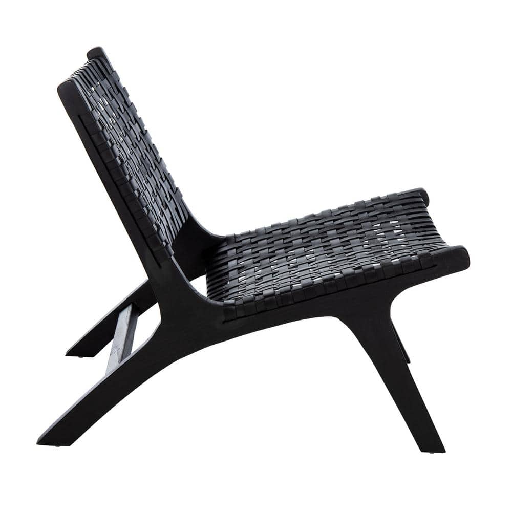 Luna Black Leather Woven Accent Chair with Sungkai Wood Frame