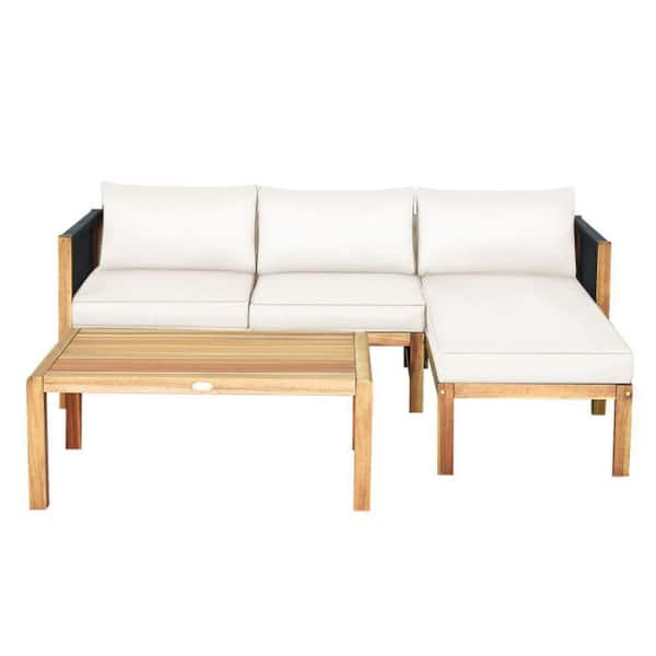 3-Piece Acacia Wood Patio Conversation Set Sofa with White Cushions