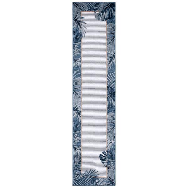 Cabana Ivory/Navy 2 ft. x 9 ft. Striped Leaf Border Indoor/Outdoor Runner Rug