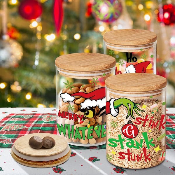 Christmas 3-Piece Food Grade Reusable Airtight Glass Jars, Bamboo Lid, For Food Storage Kitchen Storage Jar Set, Green
