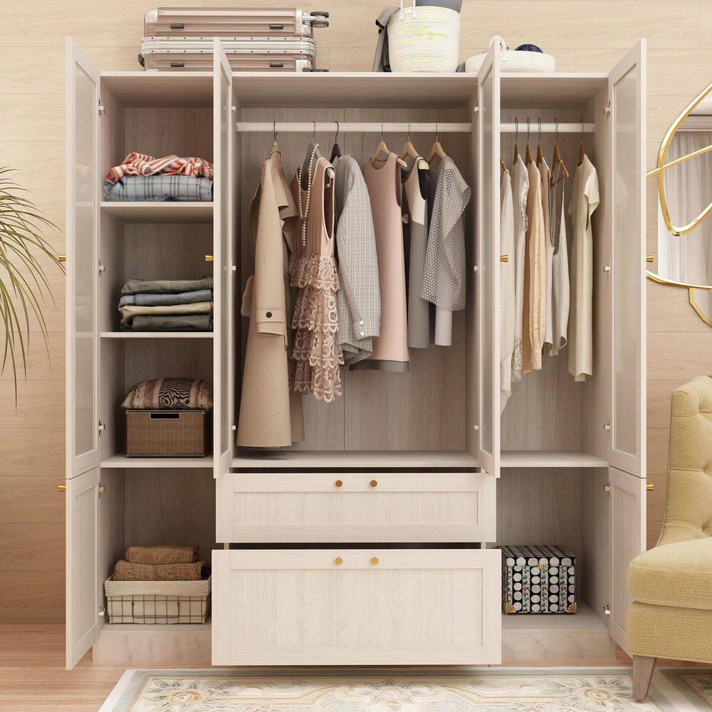 Light Oak Wood 63 in. Bedroom Armoire with Frosted Glass Doors, Double Hanging Rods and 2-Large Storage Drawers - thumbnail 2