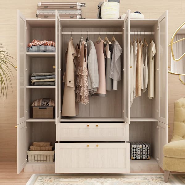 Light Oak Wood 63 in. Bedroom Armoire with Frosted Glass Doors, Double Hanging Rods and 2-Large Storage Drawers