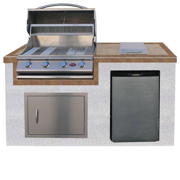Cal Flame 6 ft. Pavilion Outdoor Kitchen Island with 4-Burner Propane Gas Grill, Side Burner and Refrigerator-DISCONTINUED