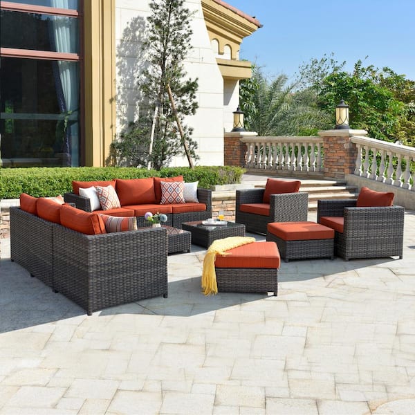 XIZZI Harper Gray 12-Piece Wicker Outdoor Sectional Set with Orange Red Cushions