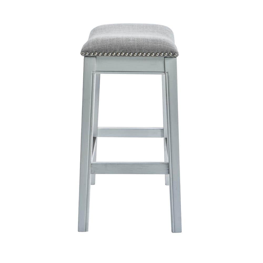 Zoey 31" White Wood Backless Saddle Barstool with Linen Seat