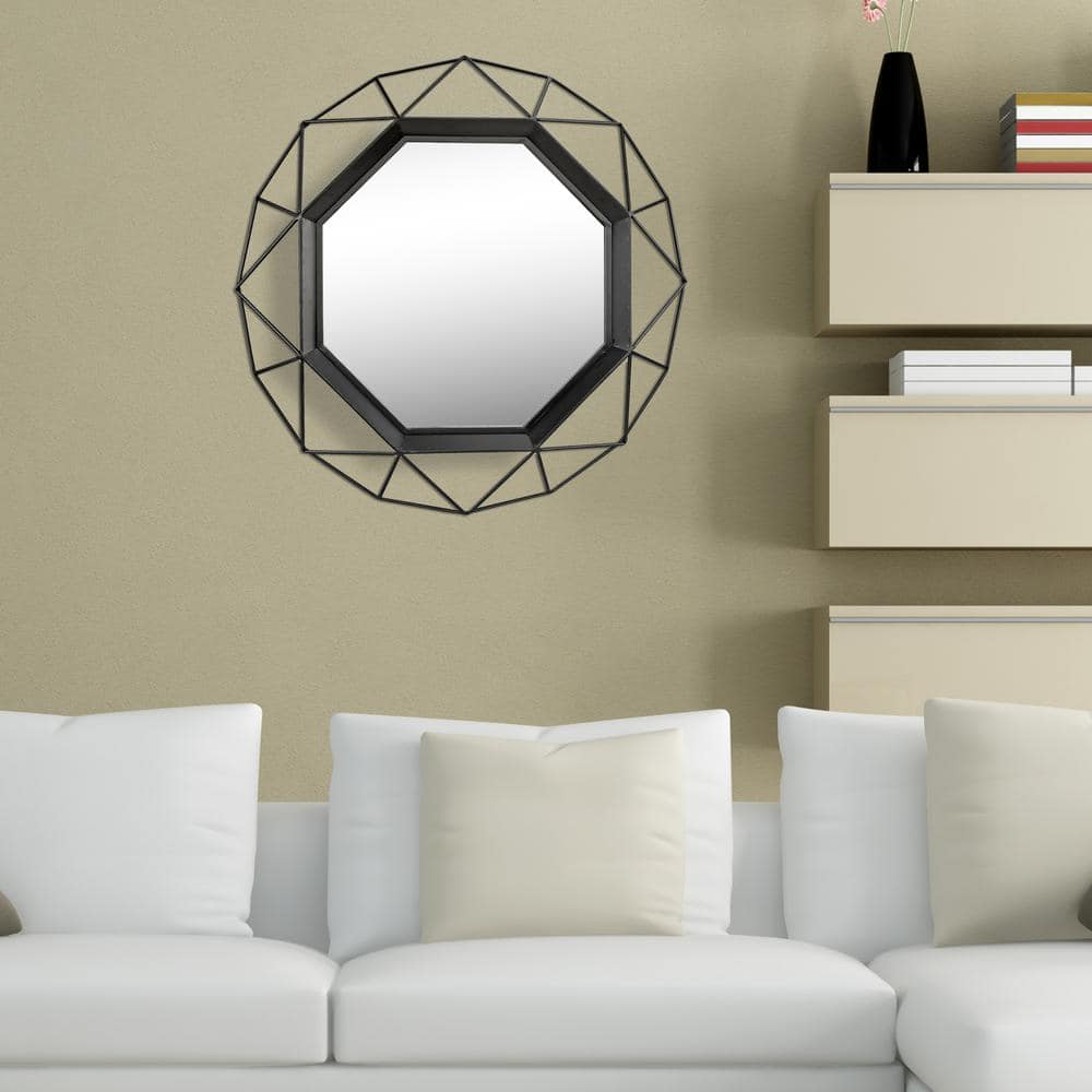 28" Black Geometric Metal Frame Octagon Wall Mirror