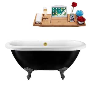59 in. Acrylic Clawfoot Non-Whirlpool Bathtub in Glossy Black With Brushed Gun Metal Clawfeet And Polished Gold Drain