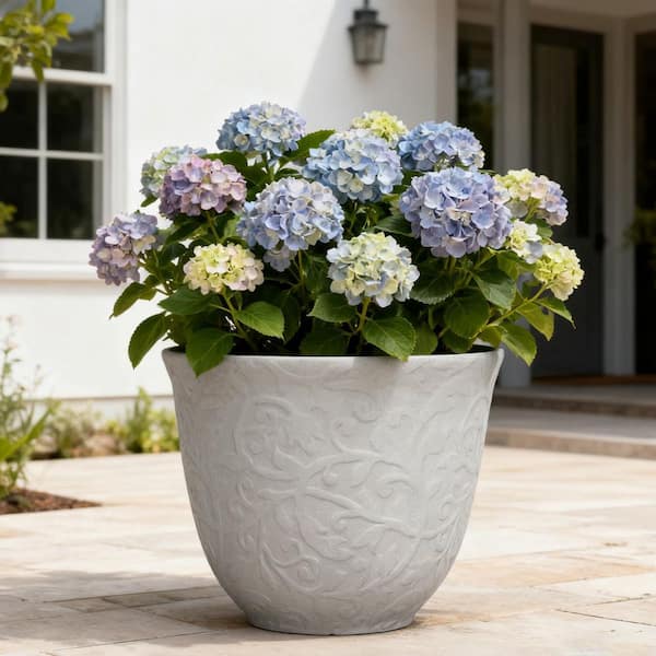 Sloan Large Cream Recycled Resin Round Planter with Drainage Holes (17 in. L x 17 in. W x 13.5 in. H)