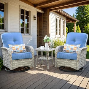 Clara 3-Piece Wicker Outdoor Patio Conversation Swivel Chair Set with a Side Table and Sky Blue Cushions