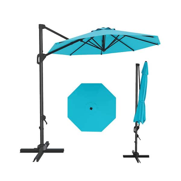 10 ft. Metal Pole Cantilever Offset Patio Umbrella with Crank & Cross Base in Turquoise Blue