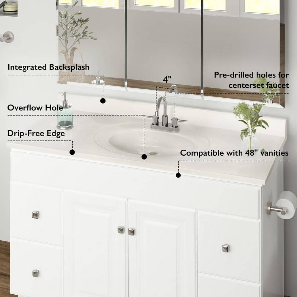 49-Inch White Cultured Marble Vanity Top with Backsplash