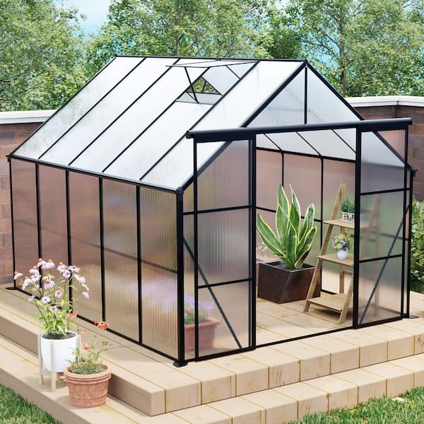 8 x 10 ft. Black Double Door Polycarbonate Greenhouse Raised Base and Anchor Aluminum Heavy Duty Walk-in Greenhouses