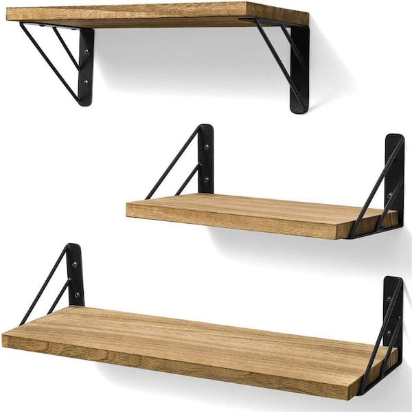 Cubilan 5.5 in. x 16.5 in. x 4.6 in. Brown Wood Floating Decorative Wall Shelves with Metal Brackets (Set of 3)