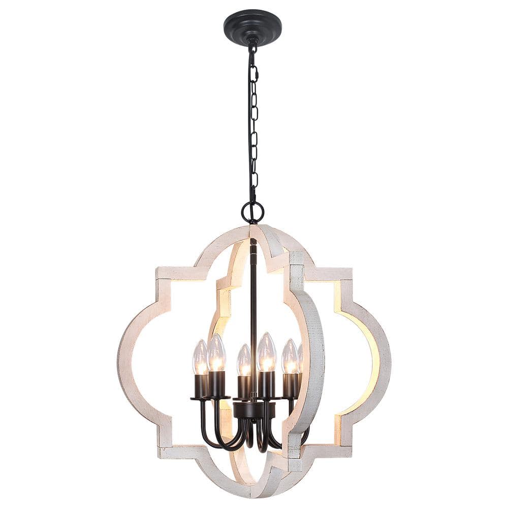 6-Light Rustic Dining Room Island Wood Pendant Lighting, 21.65 in. Farmhous